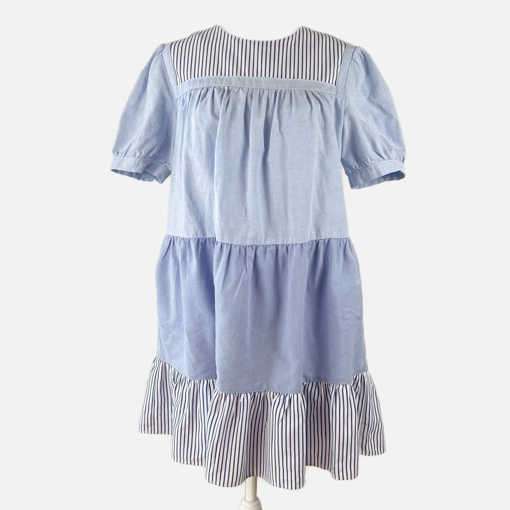 Tuckernuck POMANDER PLACE Preppy Chambray Blue Stripe Tiered Ruffle‎ Dress Small